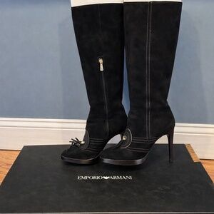 Emporio Armani Black Suede Knee-High Stiletto Boots EU 38 / US 7.5 Worn Once